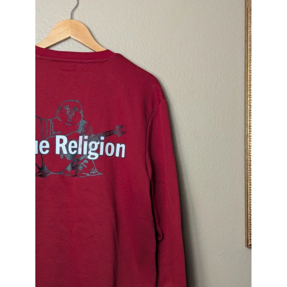 True Religion Sweatshirt Men Medium Red Buddha Logo Streetwear Graphic Crewneck